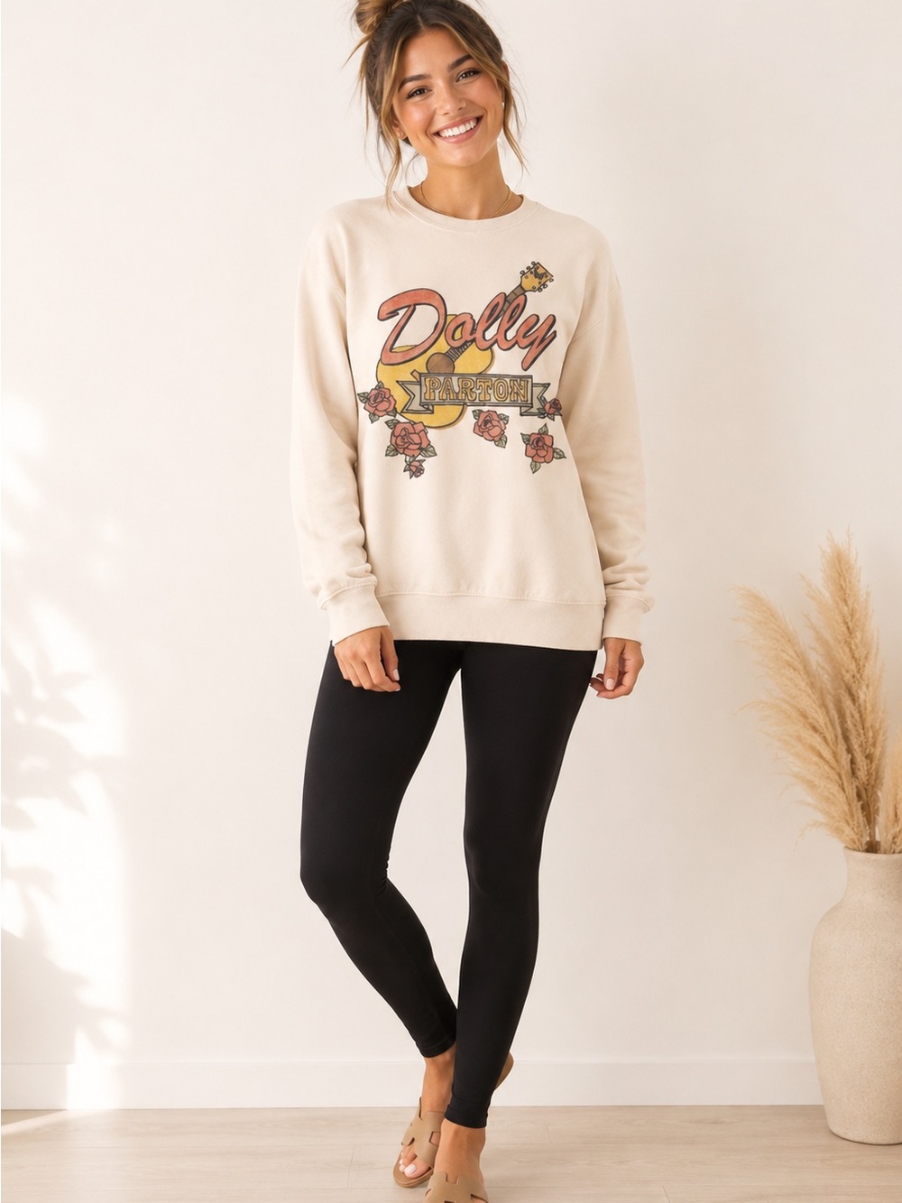 Dolly Parton / Cream Crewneck with ‘Dolly Parton’ Graphic Logo / Roses, Guitar